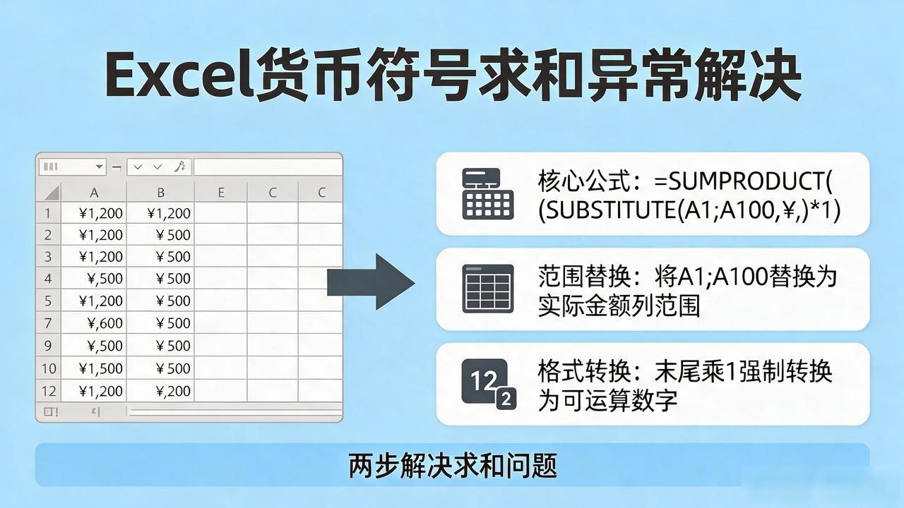 财务Excel求和SUM结果为0解决方法_SUBSTITUTE函数替换货币符号求和_excel货币符号数字求和